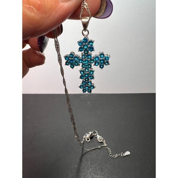 Neon Apatite Rhodium Over 925 Cross Pendant With Chain - Picture 3 of 11